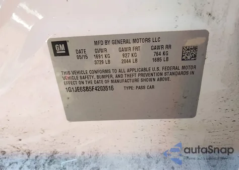2015 Chevrolet Sonic Ltz Auto from USA, damaged, VIN 1G1JE6SB5F4203516